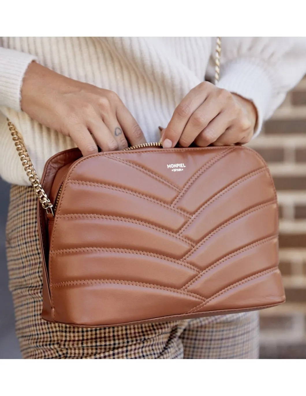 MONPIEL Bolso Acolchado de Piel con Cadena Oro*Mujer Bolsos De Piel Medianos|Bolsos Piel Mujer