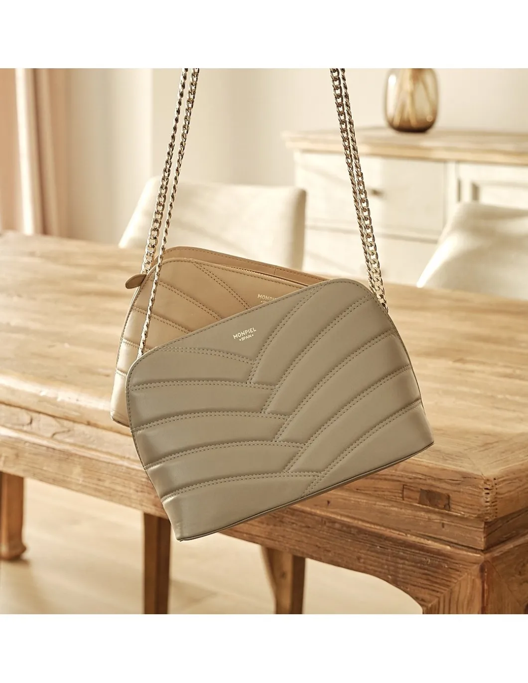 MONPIEL Bolso Acolchado de Piel con Cadena Oro*Mujer Bolsos De Piel Medianos|Bolsos Piel Mujer
